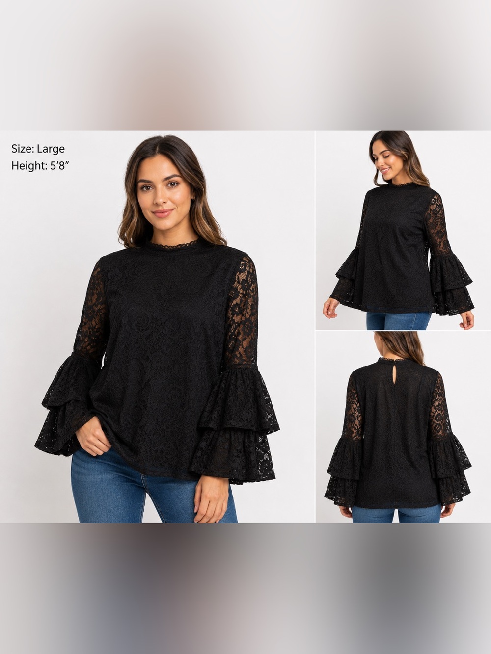 Laundry By Shelli Segal Black Lace Bell-Sleeve Blouse